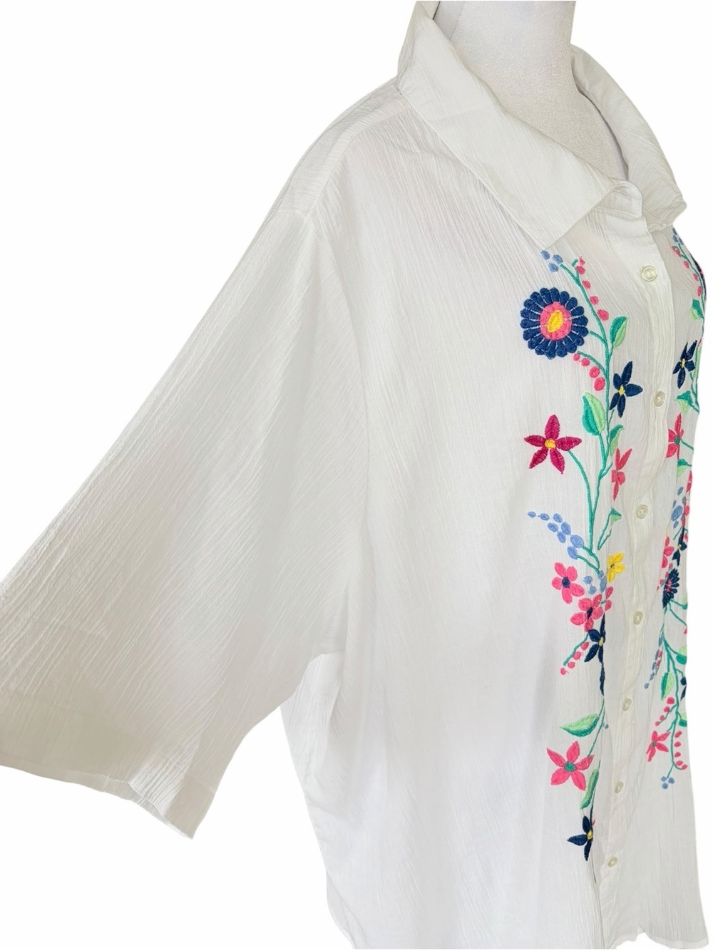 Woman Within White Button-Front Shirt with Multicolor Floral Embroidery - Picture 3 of 7